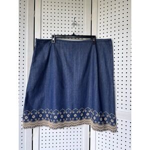 Fair Indigo Knee Skirt Women's 16 Denim Blue w/ Tan Embroidery Boho 100%‎ Cotton